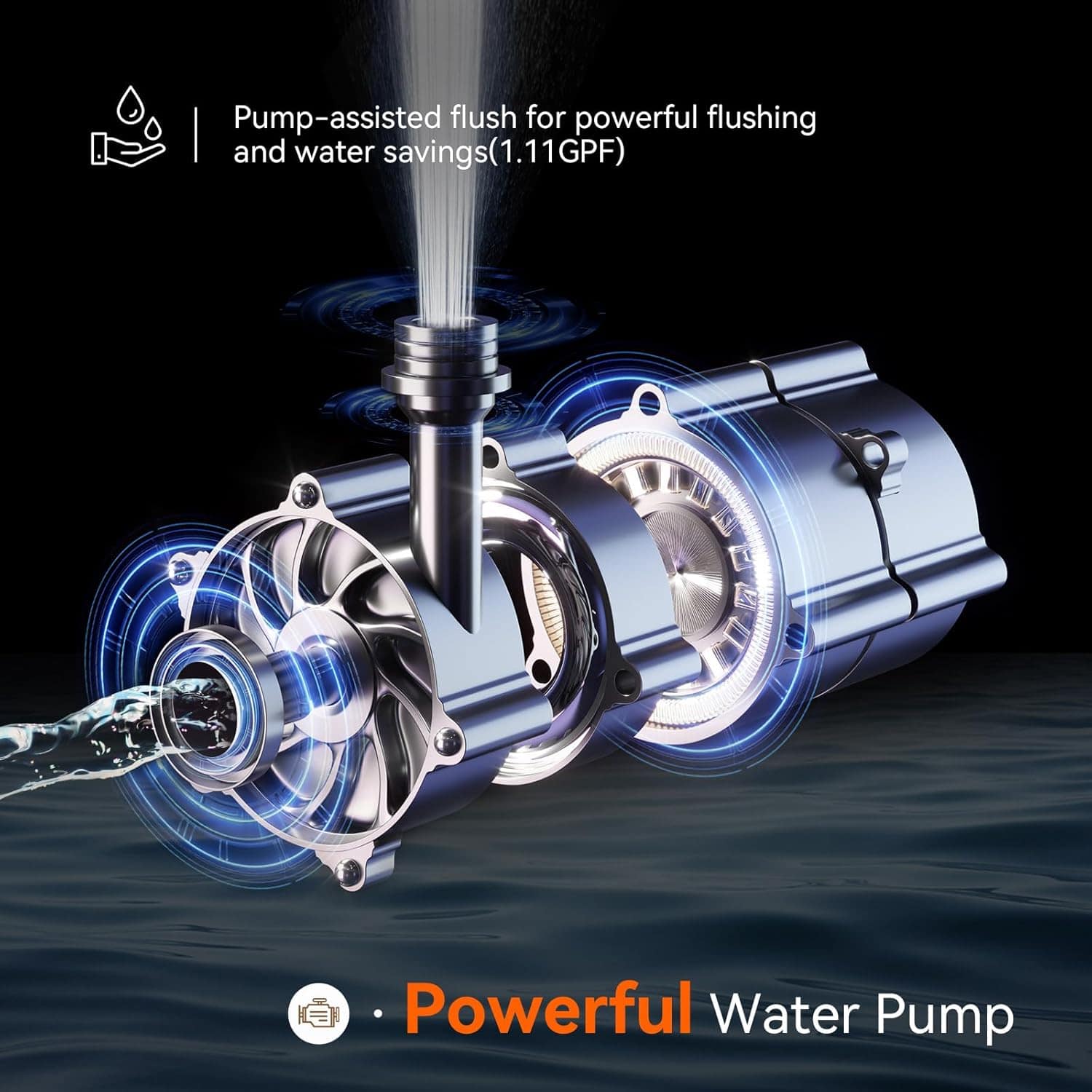 High-performance water pump for powerful flushing and water savings in toilets and bathroom fixtures.