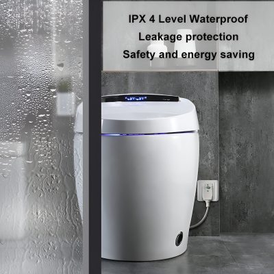 A sleek, modern white laundry machine with digital display, designed for healthcare settings, showcasing advanced waterproofing and safety features.