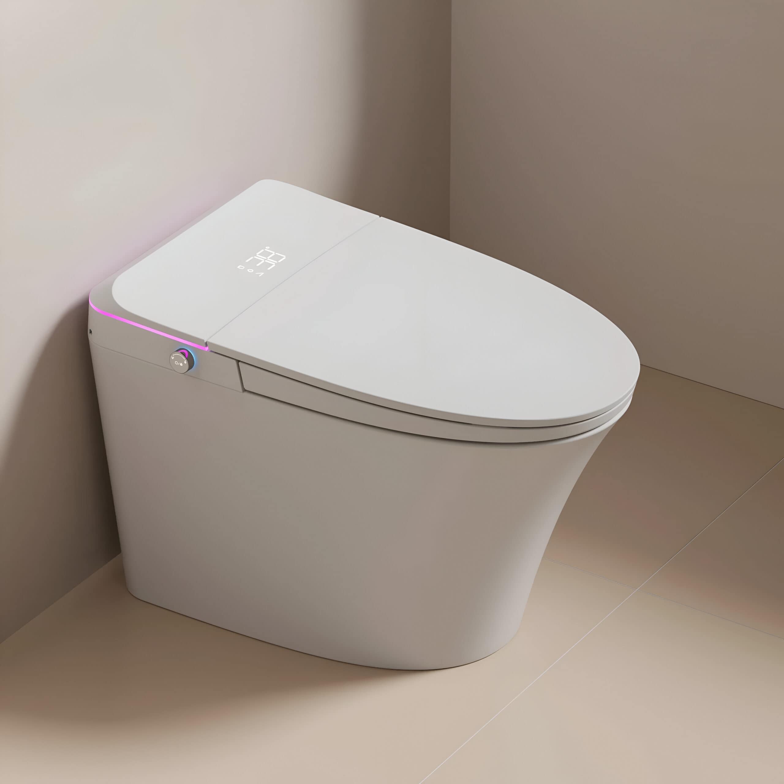 High-tech white smart toilet with digital display, touch controls, and innovative features for optimal cleanliness and user experience. Perfect for upscale clinics or homes.