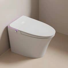 High-tech toilet featuring touchless operation, sleek design, and digital display for upgraded bathroom experience.