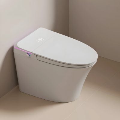 High-tech toilet featuring touchless operation, sleek design, and digital display for upgraded bathroom experience.