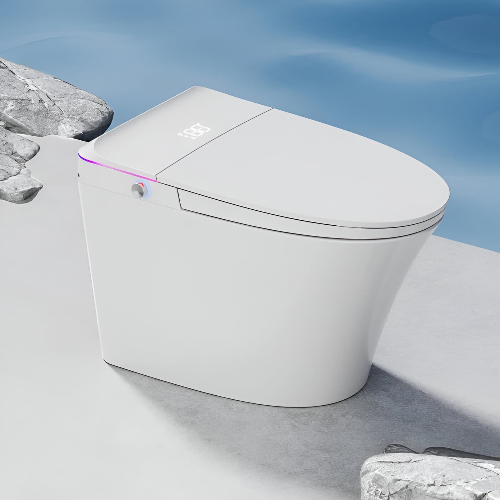 Modern smart toilet with digital display and advanced features, perfect for luxury bathrooms, offering improved comfort and hygiene solutions.