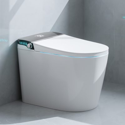 A modern smart toilet with sleek design and advanced features, ideal for enhancing bathroom hygiene and comfort with touchless control and automatic cleaning. Perfect for a contemporary home or medical facility.