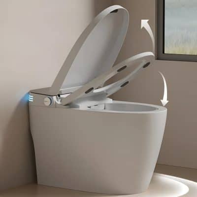 High-tech smart toilet with multifunctional bidet, automated lid, and hygiene features for modern bathroom comfort. Ideal for wellness and luxury bathroom environments.