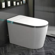 Smart modern toilet with sleek white design and advanced hygiene features, ideal for upscale bathroom interiors.
