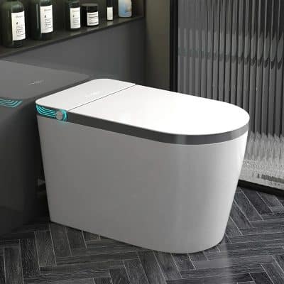 Smart modern toilet with sleek white design and advanced hygiene features, ideal for upscale bathroom interiors.