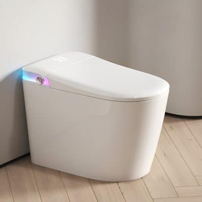 High-tech smart toilet with sleek design, advanced bidet functionality, and heated seating for enhanced bathroom comfort and hygiene. Perfect for modern luxury bathrooms.