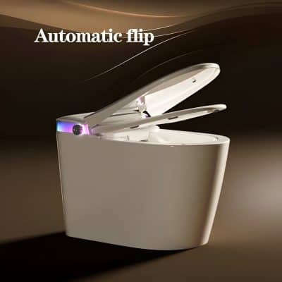 Toilet with automatic lid flip, ideal for modern bathrooms seeking innovative and hygienic toilet solutions. Features sleek design and comfort, perfect for contemporary homes and commercial spaces.