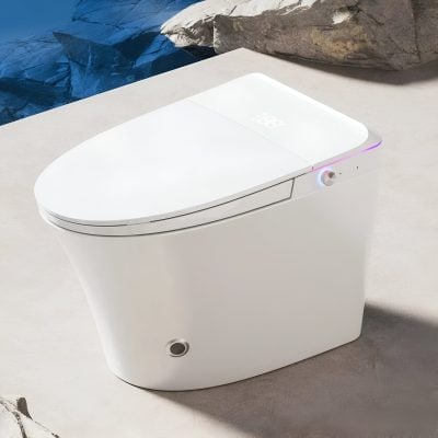 High-tech white toilet with digital display, bidet spray, and comfort features, ideal for modern bathrooms and wellness routines.