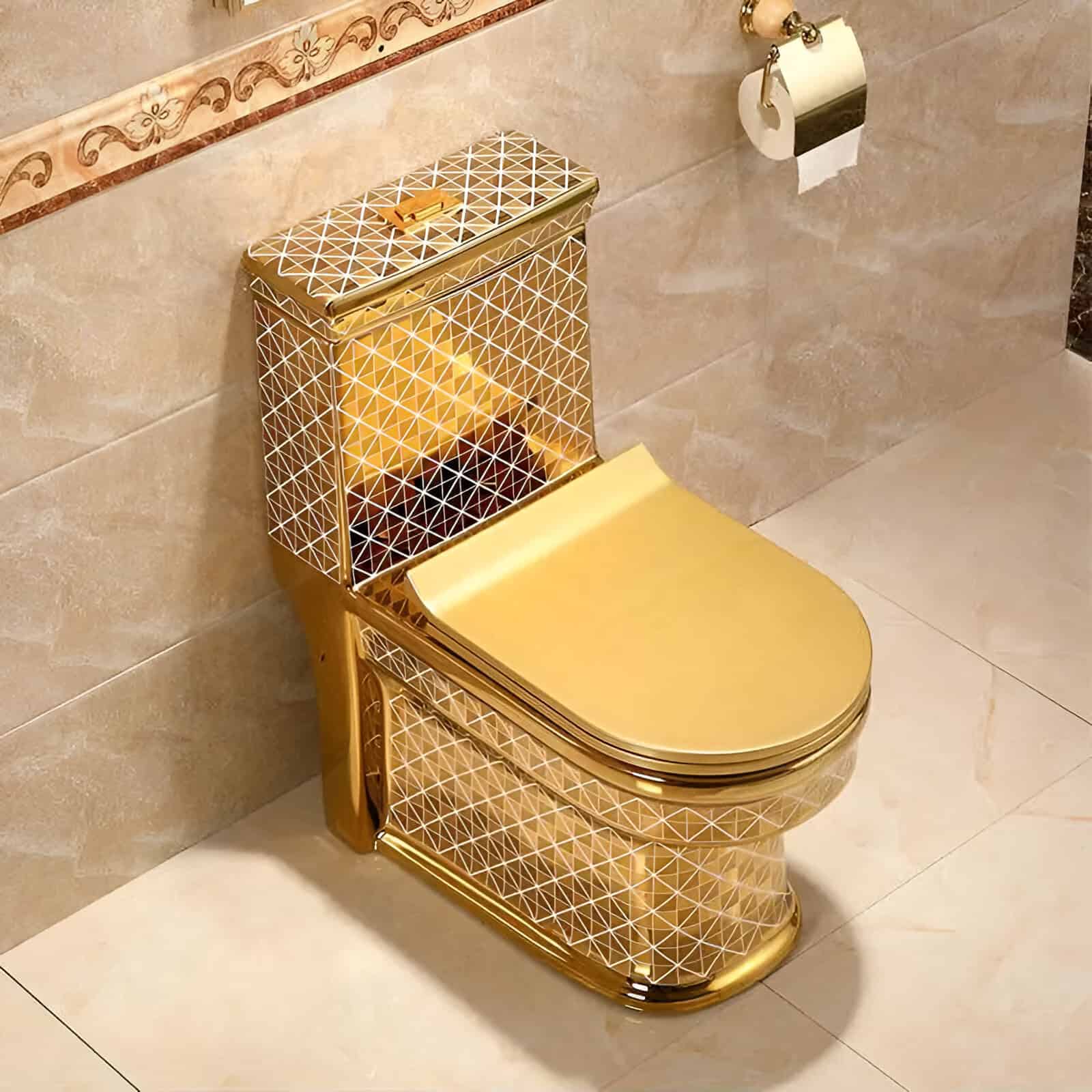 Elegant gold bidet toilet seat with geometric patterns, designed for premium bathroom decor. Combines luxury, hygiene, and style, ideal for upscale homes, hotels, and medical/spa environments emphasizing comfort and sophistication.