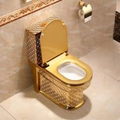 Elegant gold-plated toilet with geometric pattern and modern style, perfect for upscale bathrooms and opt clinics seeking luxury aesthetics.