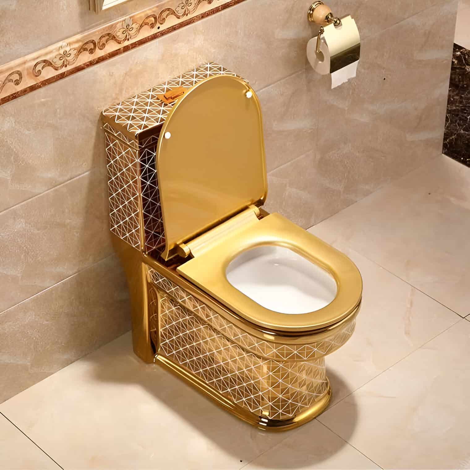Elegant gold-plated toilet with geometric pattern and modern style, perfect for upscale bathrooms and opt clinics seeking luxury aesthetics.
