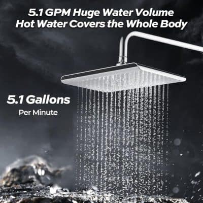 Adjustable high-pressure shower head for luxurious shower experience, featuring 5.1 GPM water flow and large coverage that covers the whole body efficiently. Perfect for modern bathrooms.