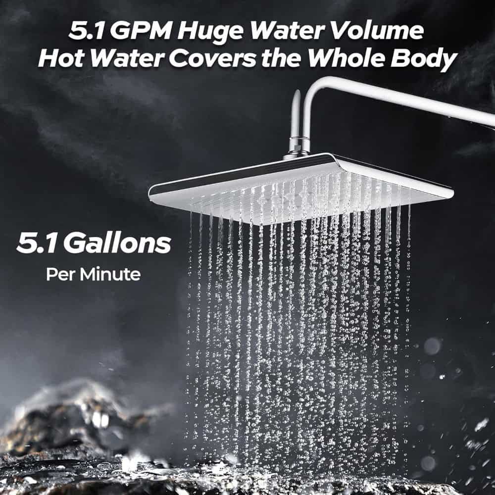 Adjustable high-pressure shower head for luxurious shower experience, featuring 5.1 GPM water flow and large coverage that covers the whole body efficiently. Perfect for modern bathrooms.