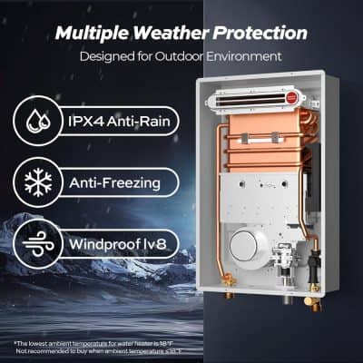 Highly efficient water heater for outdoor use, featuring anti-rain, anti-freezing, and windproof protection for reliable performance in all weather conditions.