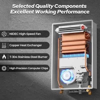 Efficient gas water heater with copper heat exchanger, high-speed fan, stainless-steel burner, and precision computer chips for optimal performance and durability.