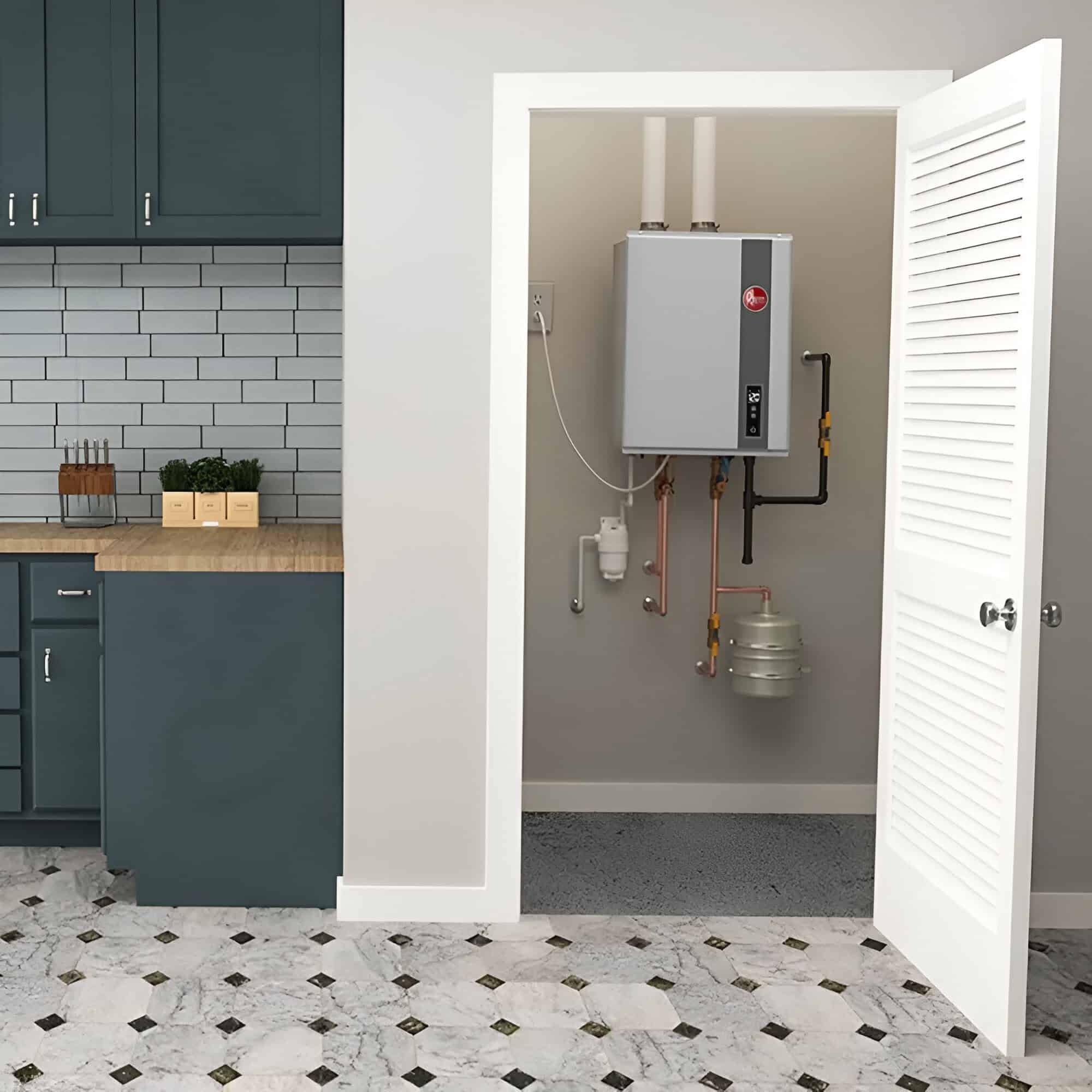 Reliable tankless water heater for home or office plumbing needs.