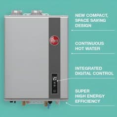 A sleek modern water heater with digital control, space-saving design, and continuous hot water output, perfect for healthcare and medical facilities.