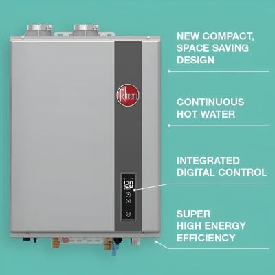 A sleek modern water heater with digital control, space-saving design, and continuous hot water output, perfect for healthcare and medical facilities.