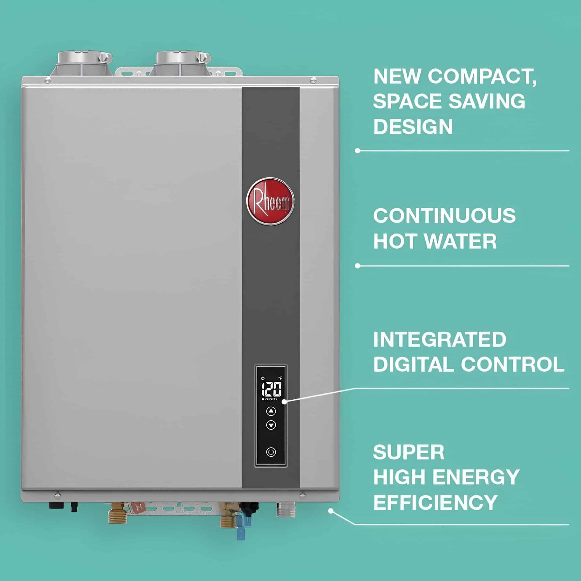 A sleek modern water heater with digital control, space-saving design, and continuous hot water output, perfect for healthcare and medical facilities.