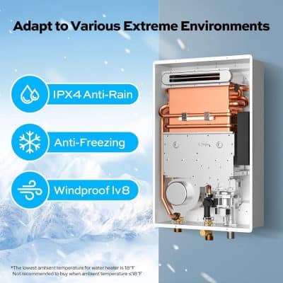 High-efficiency water heater for various environments, featuring anti-rain, anti-freezing, and windproof capabilities for reliable performance.