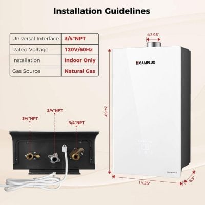 High-efficiency water heater with digital display, indoor installation, compatible with natural gas, perfect for modern homes. Efficient heating solution for family comfort.