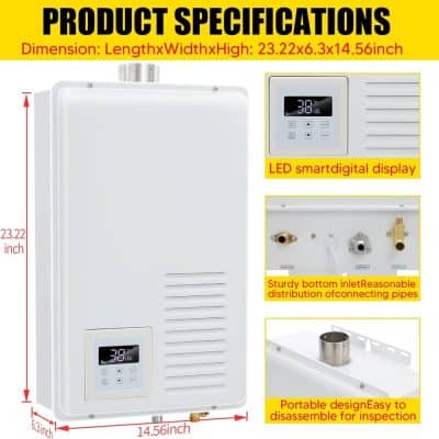 High-efficiency gas water heater with digital LED display, durable inlet connections, and portable design, perfect for reliable hot water solutions.