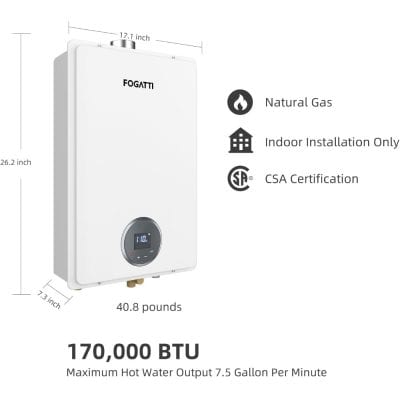 High-efficiency natural gas water heater, CSA certified for indoor use, with 170,000 BTU and 7.5-gallon per minute hot water output, ideal for residential and medical facilities.
