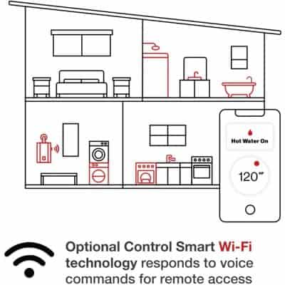 Wireless Wi-Fi controlled smart water heater with remote voice command access, adjustable temperature up to 120°F, and on/off hot water functionality for energy-efficient home management.