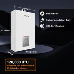 Efficient natural gas water heater for indoor use, CSA certified, compact 22.75-inch tall design, ideal for Monalisa Medical clinics and healthcare settings.