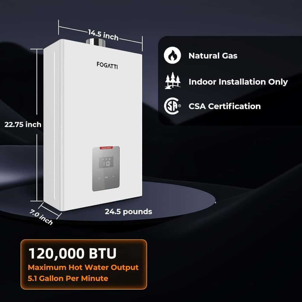 Efficient natural gas water heater for indoor use, CSA certified, compact 22.75-inch tall design, ideal for Monalisa Medical clinics and healthcare settings.