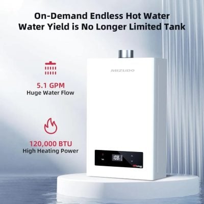 On-demand hot water heater for efficient home hot water supply, large 5.1 GPM flow, 120,000 BTU heating power, ideal for residential or commercial use.