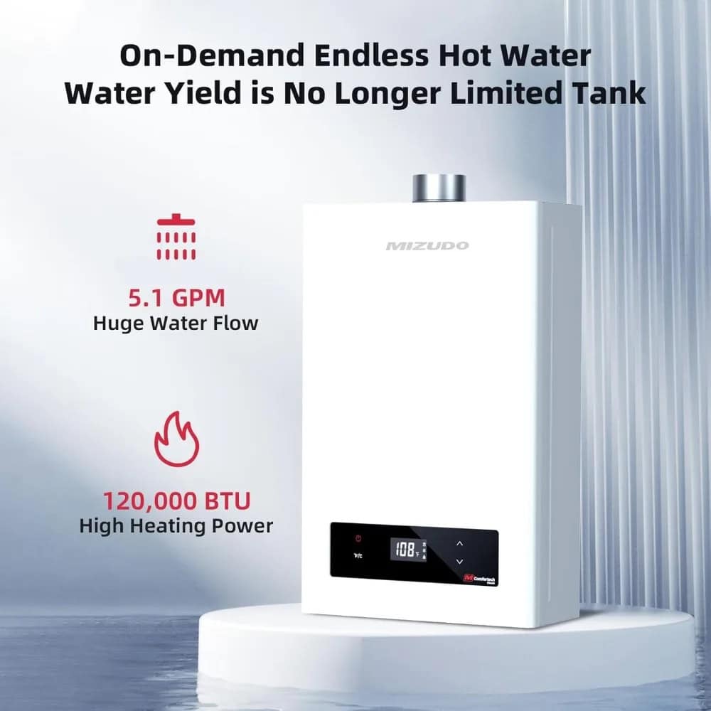 On-demand hot water heater for efficient home hot water supply, large 5.1 GPM flow, 120,000 BTU heating power, ideal for residential or commercial use.