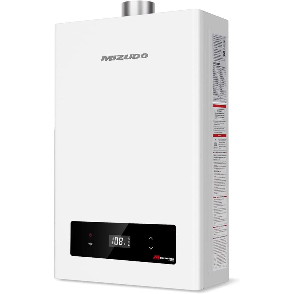 Energy-efficient Mizudo indoor water heater with digital temperature control and modern design. Ideal for home hot water needs, ensuring consistent performance and easy operation.