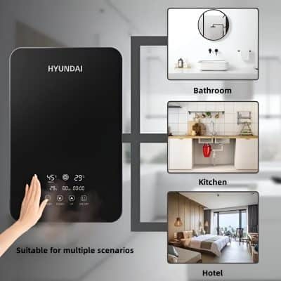 Modern smart thermostat for home and hotel climate control, compatible with multiple scenarios including bathroom, kitchen, and hotel settings.