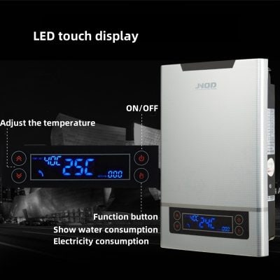 LED touch display for easy control, adjustable temperature, ON/OFF switch, function button, water and electricity consumption monitor, ideal for home and medical facilities.