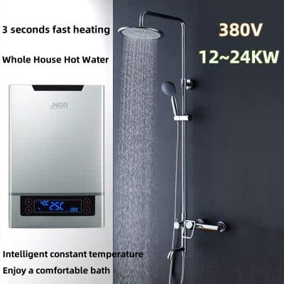 Compact shower water heater with digital control for instant hot water, energy-efficient, suitable for home and spa baths, easy installation, reliable temperature management.