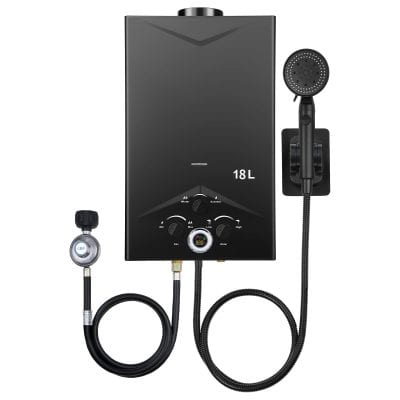 Modern electric water heater with detachable shower head, black finish, 18L capacity, easy-to-use control panel, ideal for home and bathroom use, energy-efficient design.