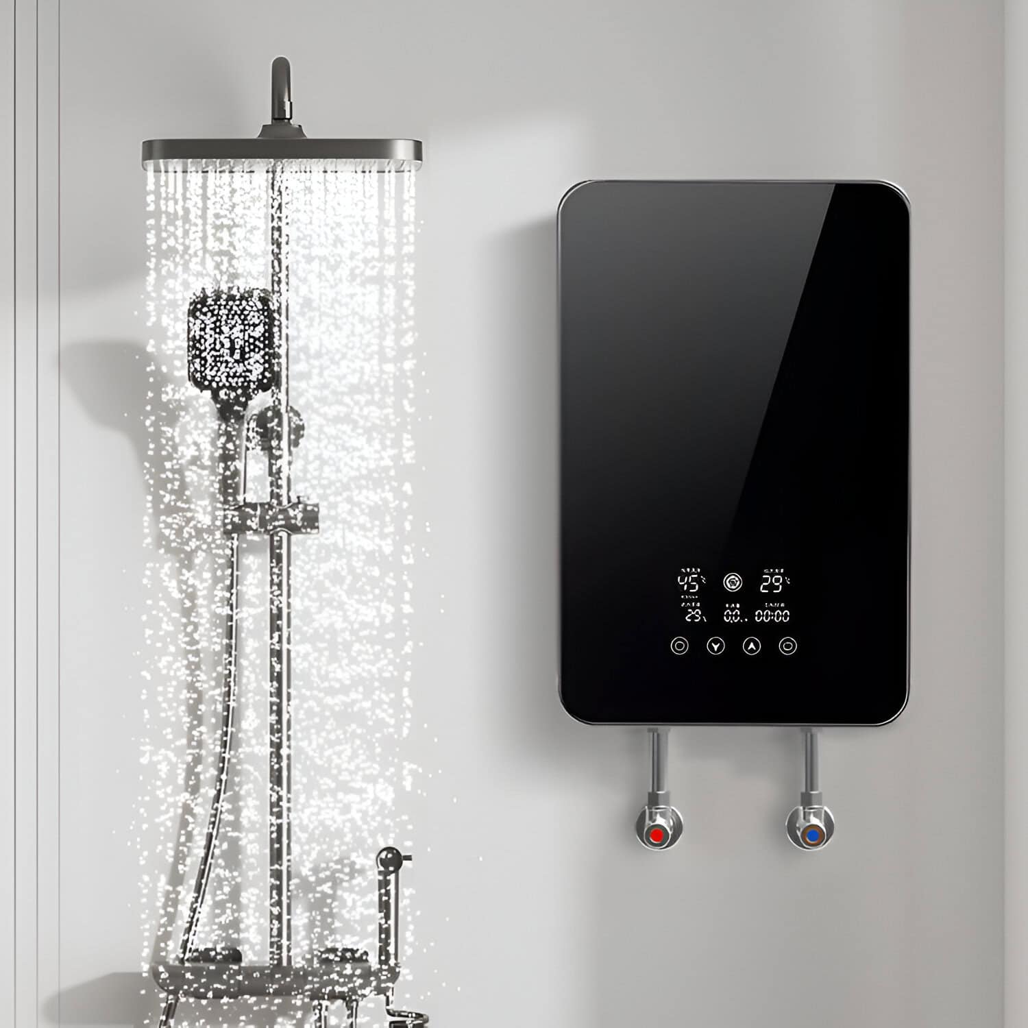 Water heater with digital display showing temperature and settings, mounted on a white wall in a contemporary bathroom or utility space.