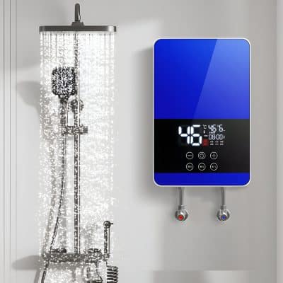 High-tech digital shower controller displaying 46°C temperature, with user-friendly interface and precise temperature regulation. Ideal for luxury spa and medical use.