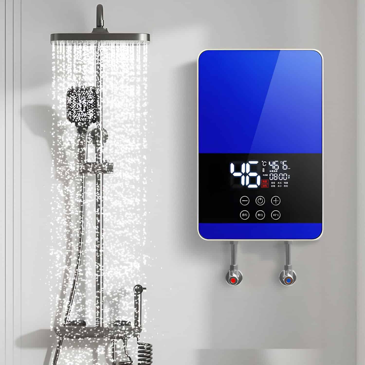 High-tech digital shower controller displaying 46°C temperature, with user-friendly interface and precise temperature regulation. Ideal for luxury spa and medical use.
