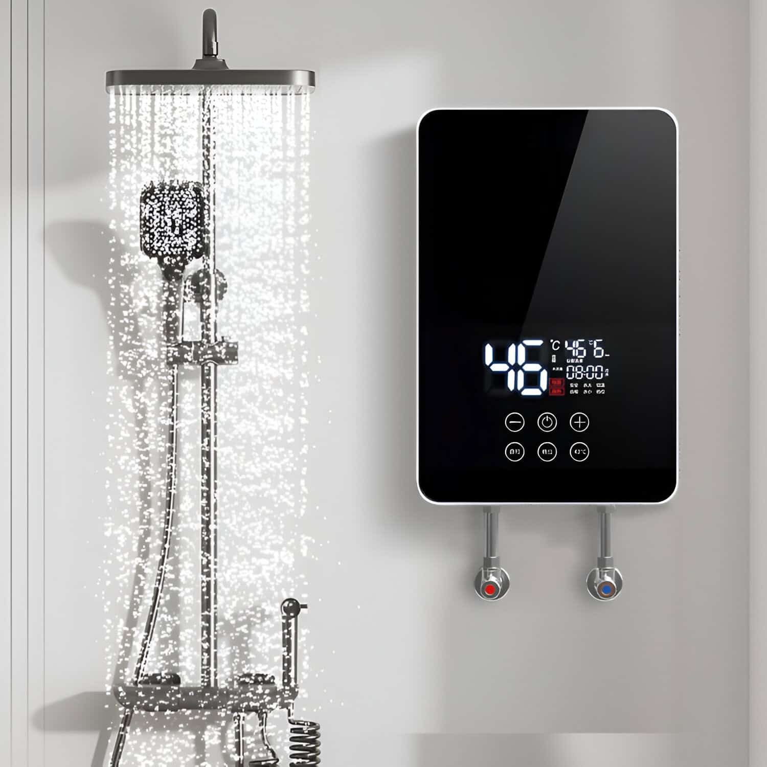 A sleek, black digital water boiler with temperature display and control buttons, installed on a wall with a wall-mounted shower head nearby, designed for medical and healthcare environments.