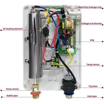Highly detailed view of optometry device circuit with labels including temperature sensors, PCB, voltage transformer, and electric leakage ring.