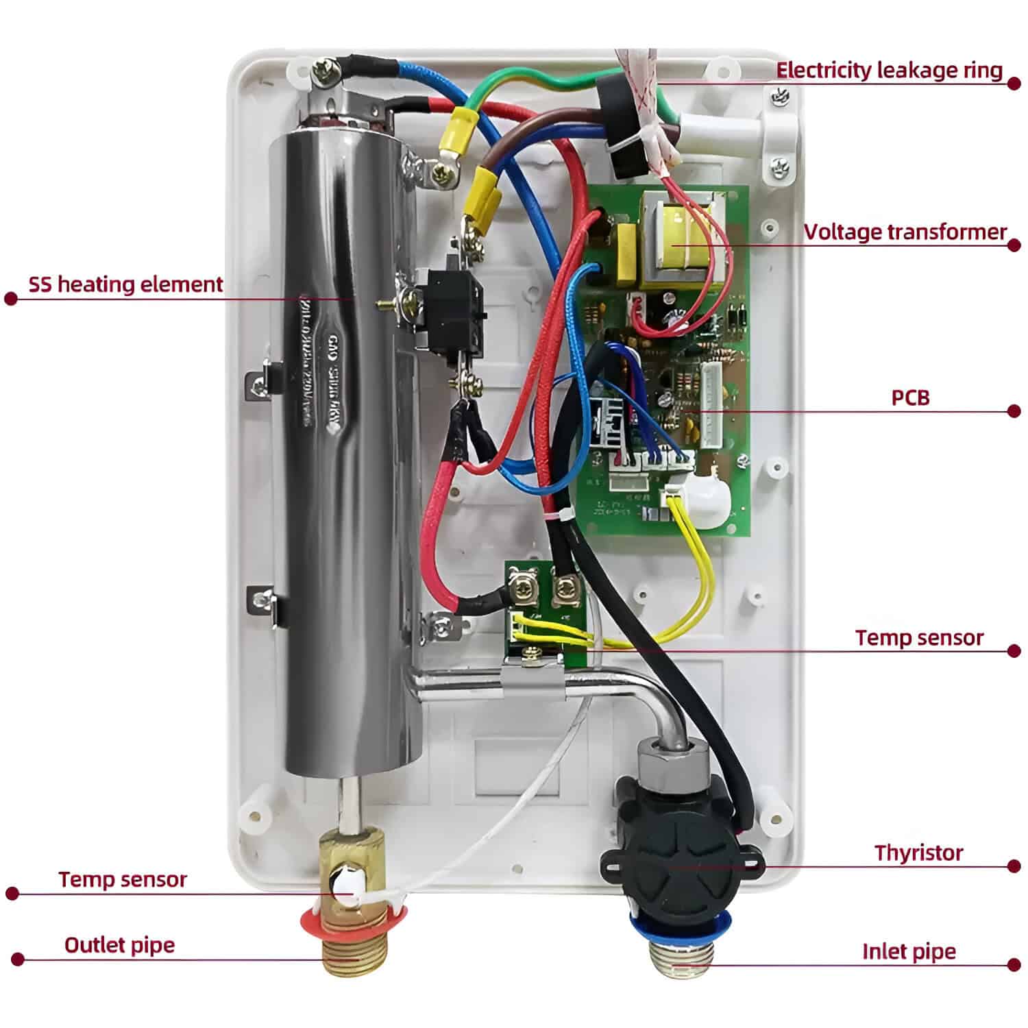 Highly detailed view of optometry device circuit with labels including temperature sensors, PCB, voltage transformer, and electric leakage ring.