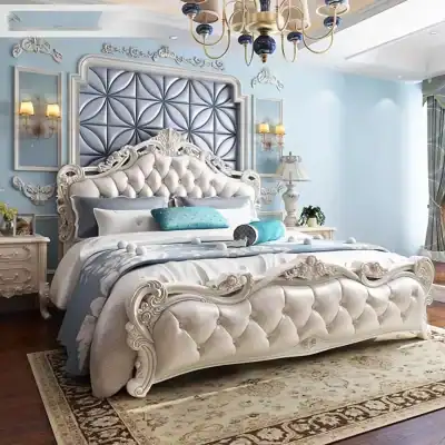 Luxurious bedroom set with ornate carved bed frame, plush upholstery, and elegant decor for sophisticated interior designs. Perfect for luxury, comfort, and style.