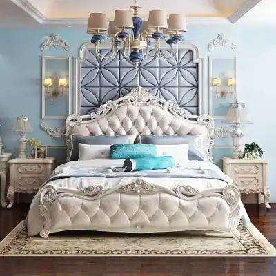 Luxury bedroom set with tufted headboard, ornate details, and classic style for sophisticated bedroom decor. Perfect for adding elegance and comfort to your home.