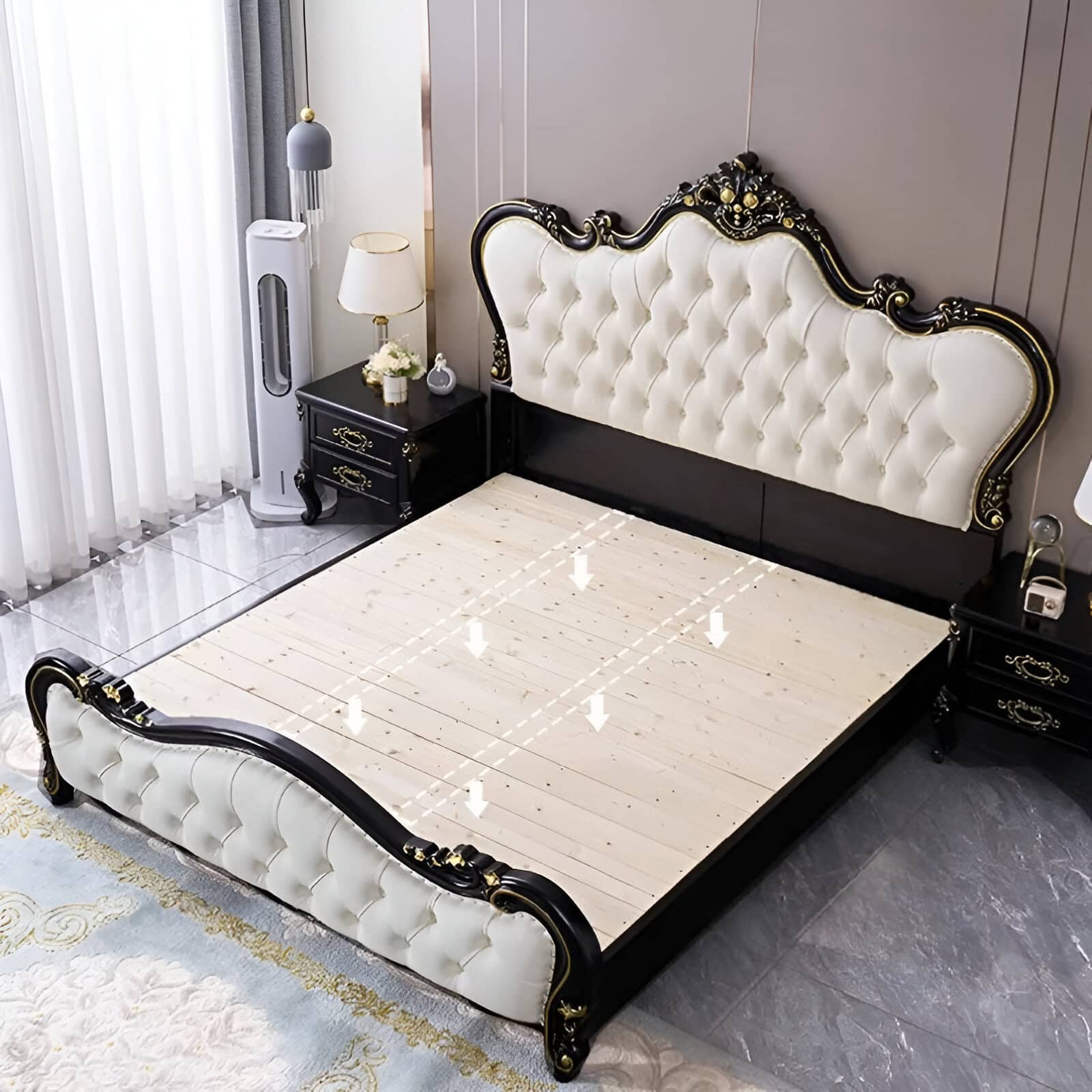 Elegant queen-sized bed frame featuring a tufted white velvet headboard, ornate black and gold detailing, perfect for an upscale optometry or ophthalmology clinic ambiance.