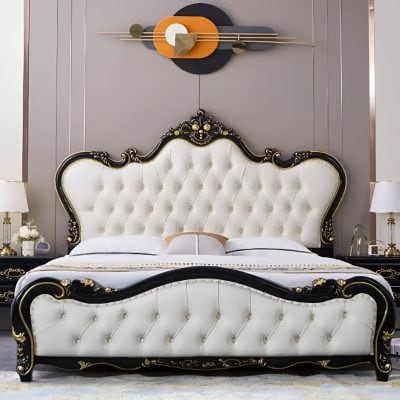 Luxury bedroom furniture with ornate black and gold bed frame and upholstered headboard, perfect for elegant interior decor and enhancing bedroom style.