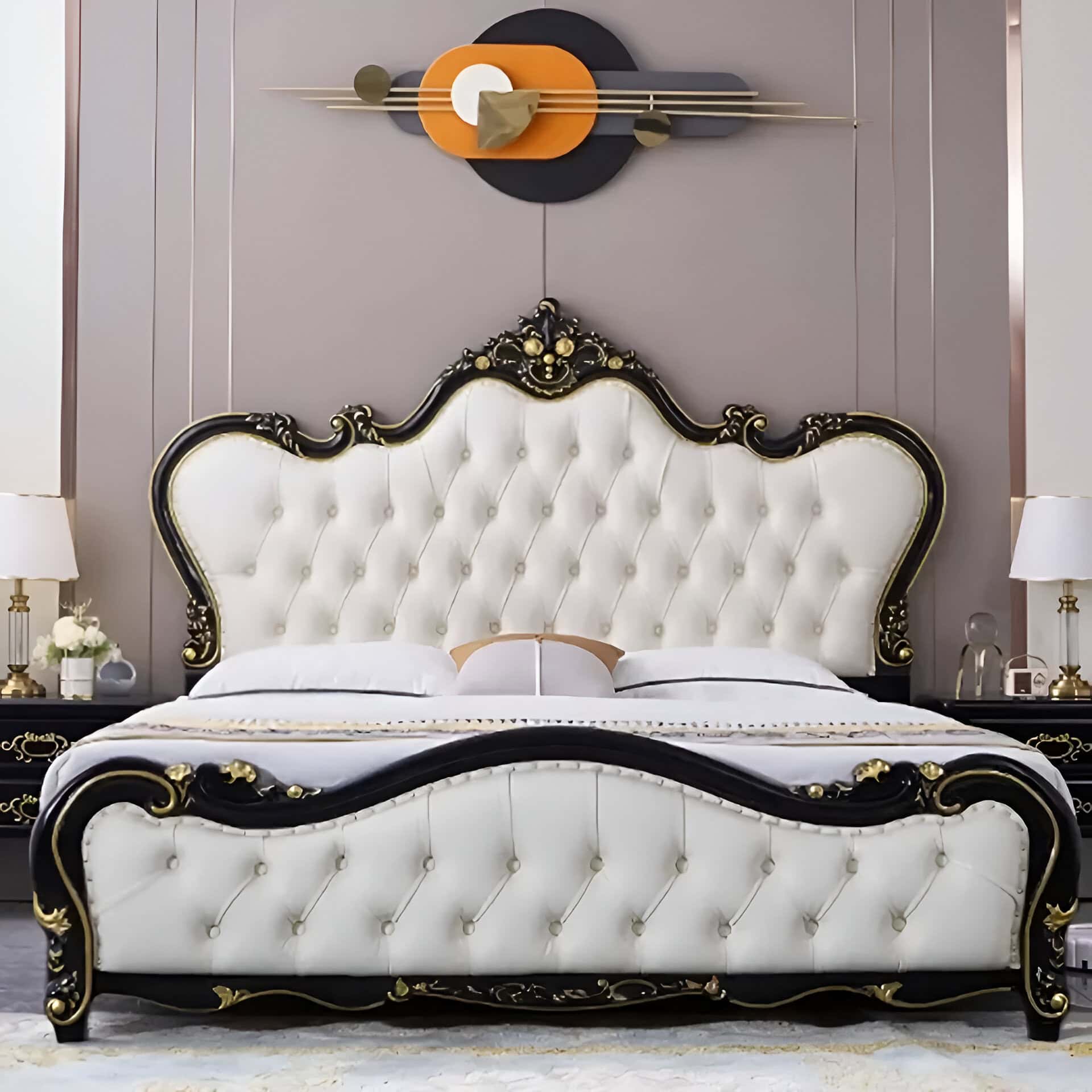 Luxury bedroom furniture with ornate black and gold bed frame and upholstered headboard, perfect for elegant interior decor and enhancing bedroom style.