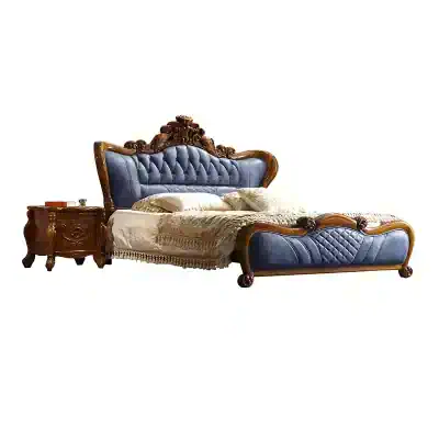 Luxurious velvet bed with ornate wooden accents, ideal for elegant bedroom decor and premium furniture buyers.